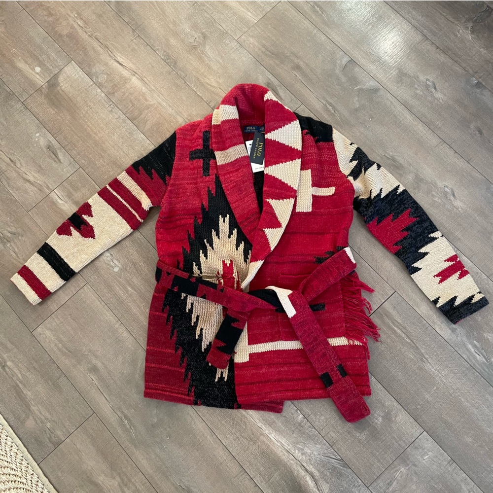 NWT POLO Ralph Lauren Blue Label Aztec Belted Cardigan Size M